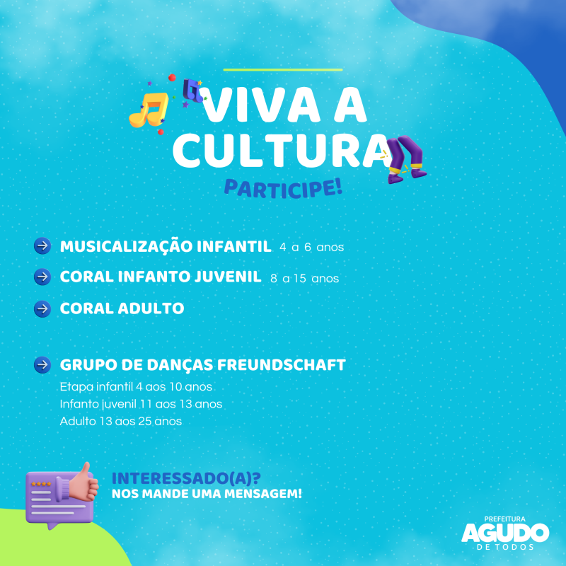 Prefeitura de Agudo abre inscrições para aulas de coral, musicalização e dança folclórica